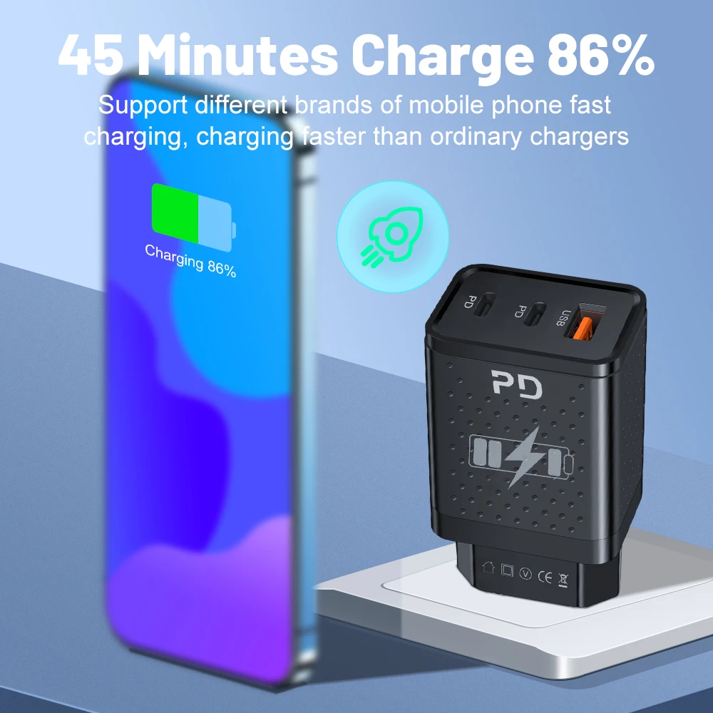 USB Type C Charger Total 45W 3 Ports Fast Charging EU/US Plug Wall Charger For iPhone Samsung Xiaomi Multi Port PD Phone Charger