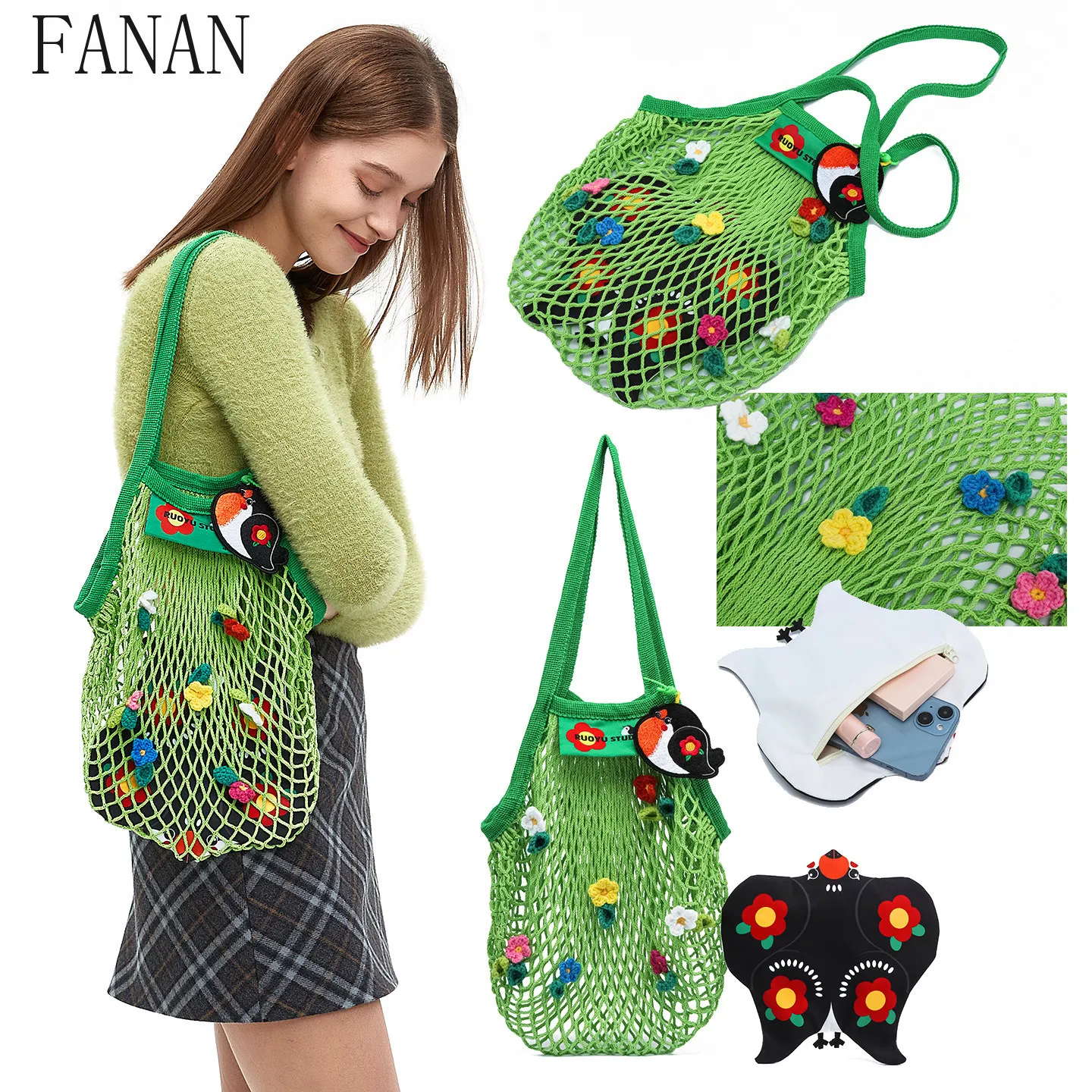 

Ruoyustudio Original Design Women's Handbags Spring and Summer Shoulder Bags for Women Sweet Woven Mesh Tote Bag Femme