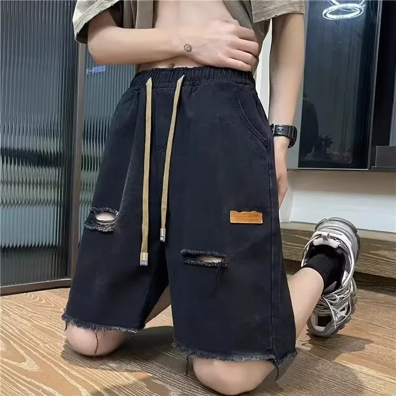 Summer Y2K Vintage Mens Jean Shorts 2024 New Streetwear Ripped Bermuda Jorts Drawstring Baggy Wide Leg Blue Denim Shorts Pants