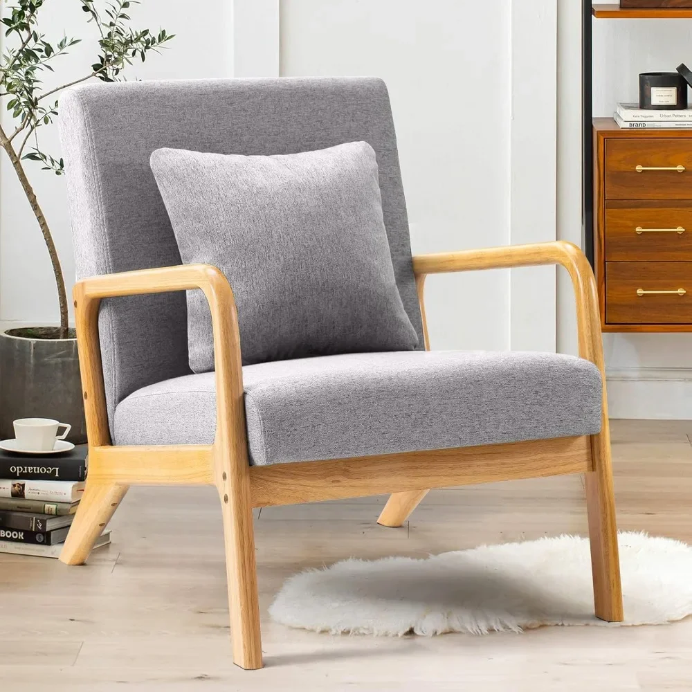 

Mid-century Modern Style Armchair with Lumbar Pillow, Upholstered Armchair, Comfortable Reading Chair with Linen