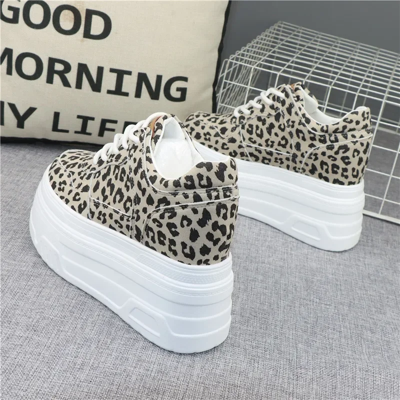 Fashion Sexy Women Platform Leopard Casual Sneakers New Autumn Winter Outdoor Sport Style Round Toe Design 12cm High-Heel Shoes