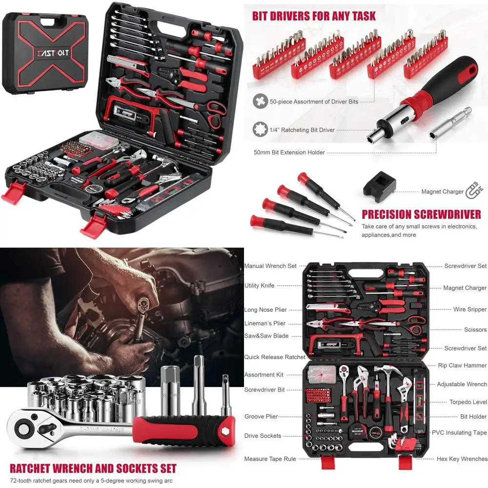 

Полный набор инструментов для дома и автомобиля из 218 предметов с плоскогубцами, отвертками, головками и органайзером в черно-красном цвете