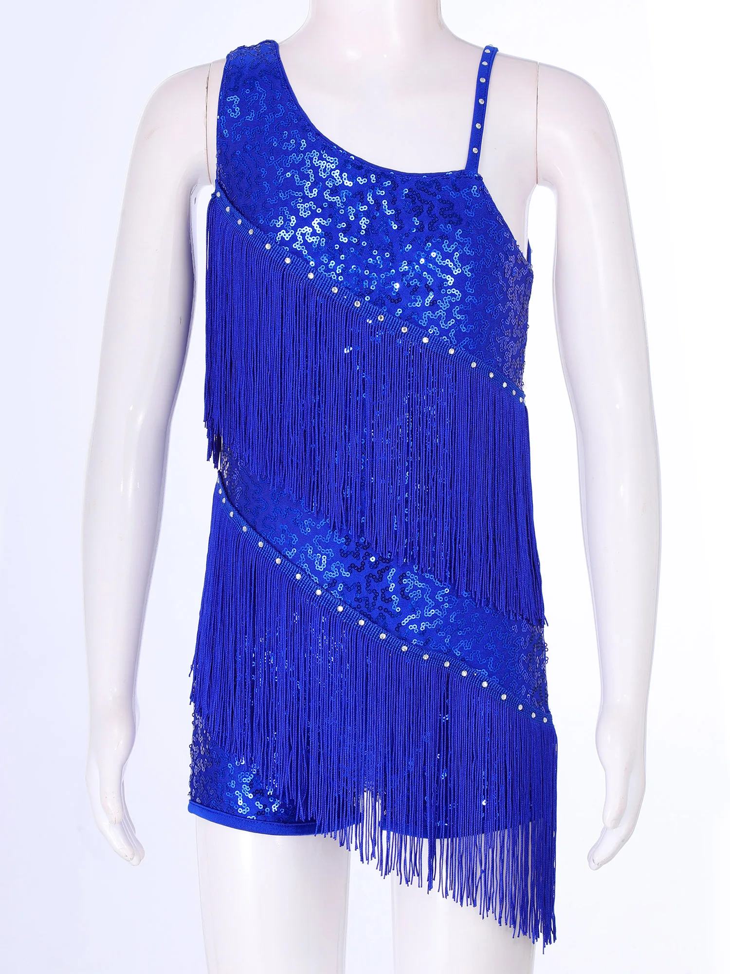 Sequins Latin Dance Leotards Dress Kids Girls Sleeveless Shiny Rhinestone Decor Tassels Shorts Bottom Modern Jazz Dance Dresses