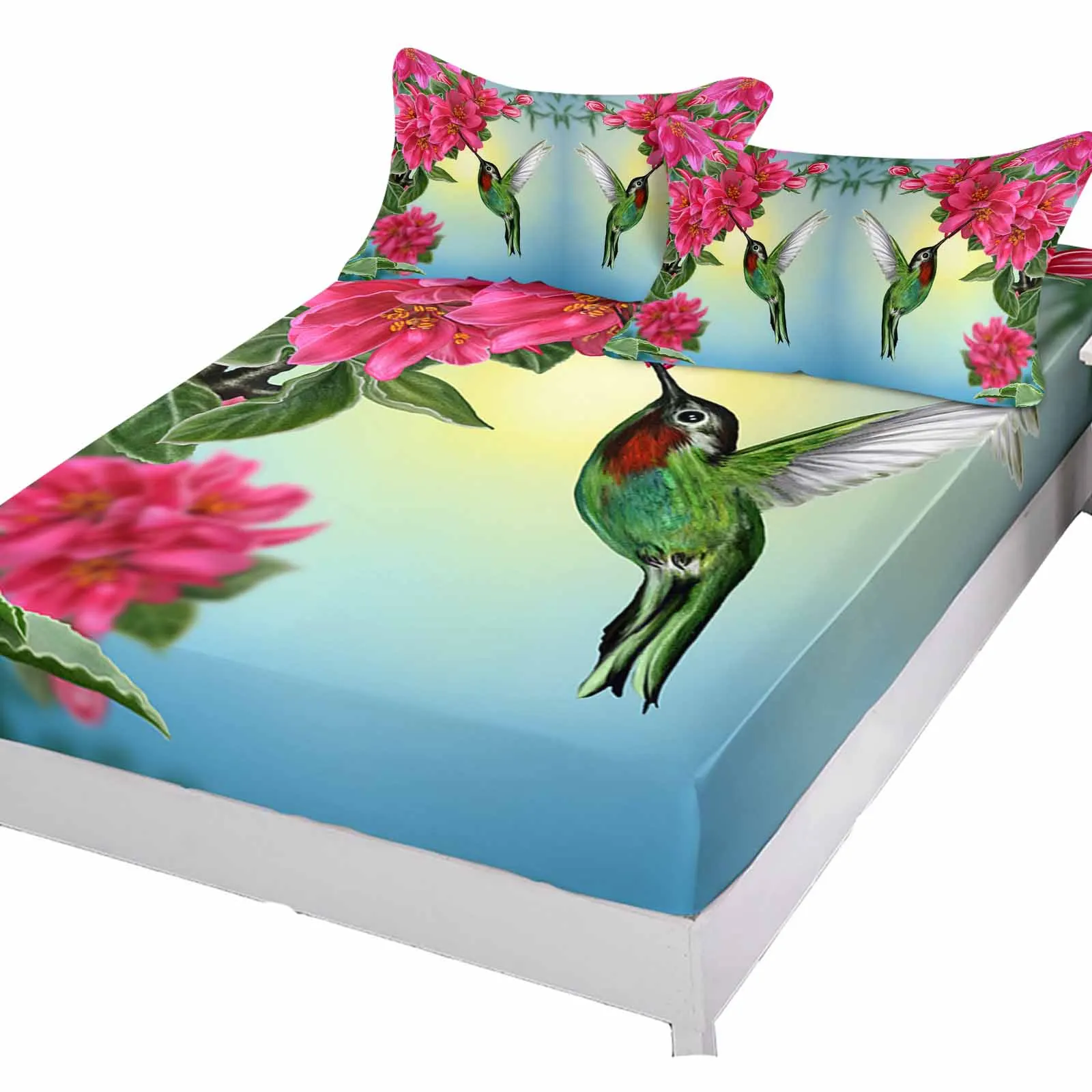 Spring Flower Hummingbird Fitted Bed Sheet Cover Elastic Band Anti-slip Mattress Protector for Single Double King