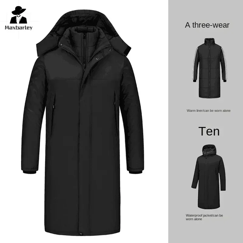 Winter Lange Jacke Herren Luxus 3 1-in-1 Abnehmbare 2-teilige Set Warme Gepolsterte Jacke Neue wasserdichte Dicke Kapuze Windjacke Parka