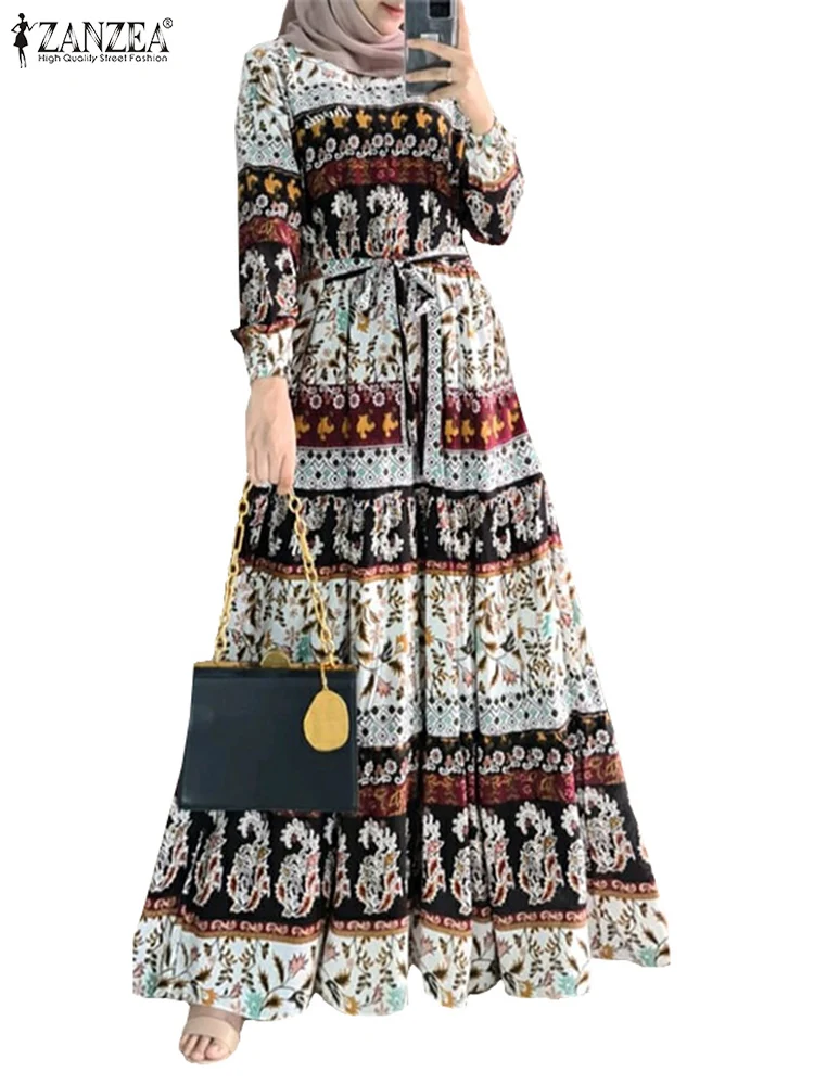 Vintage Muslim Dress ZANZEA Women Fashion Long Sleeve Floral Printed Robe Bohemain Loose Vestidos Turkey Abaya Maxi Sundress