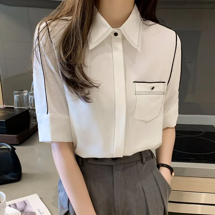 

Летнее женское свободное офисное платье из тонкого шифона с воротником-стойкой, однотонное, в корейском стиле, коллекция 2025 года