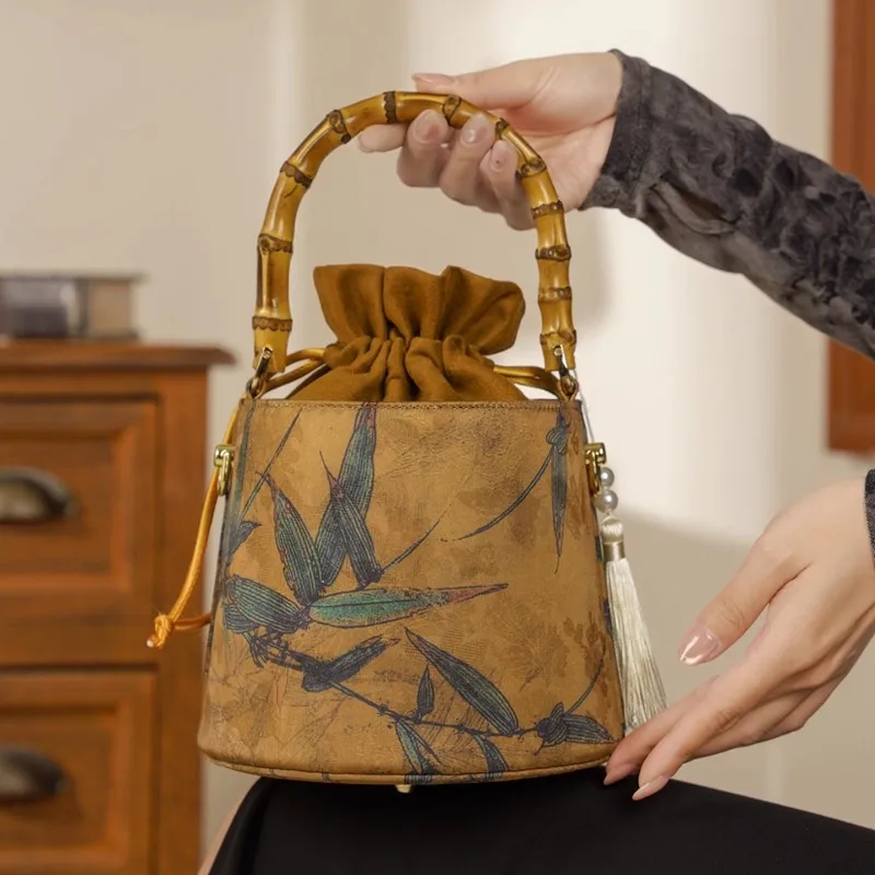 

Retro Chinese Style Yellow Bag Women Shoulder Purse Handbag Traditional Embroidery Tote Cheongsam Female Bucket Crossbody