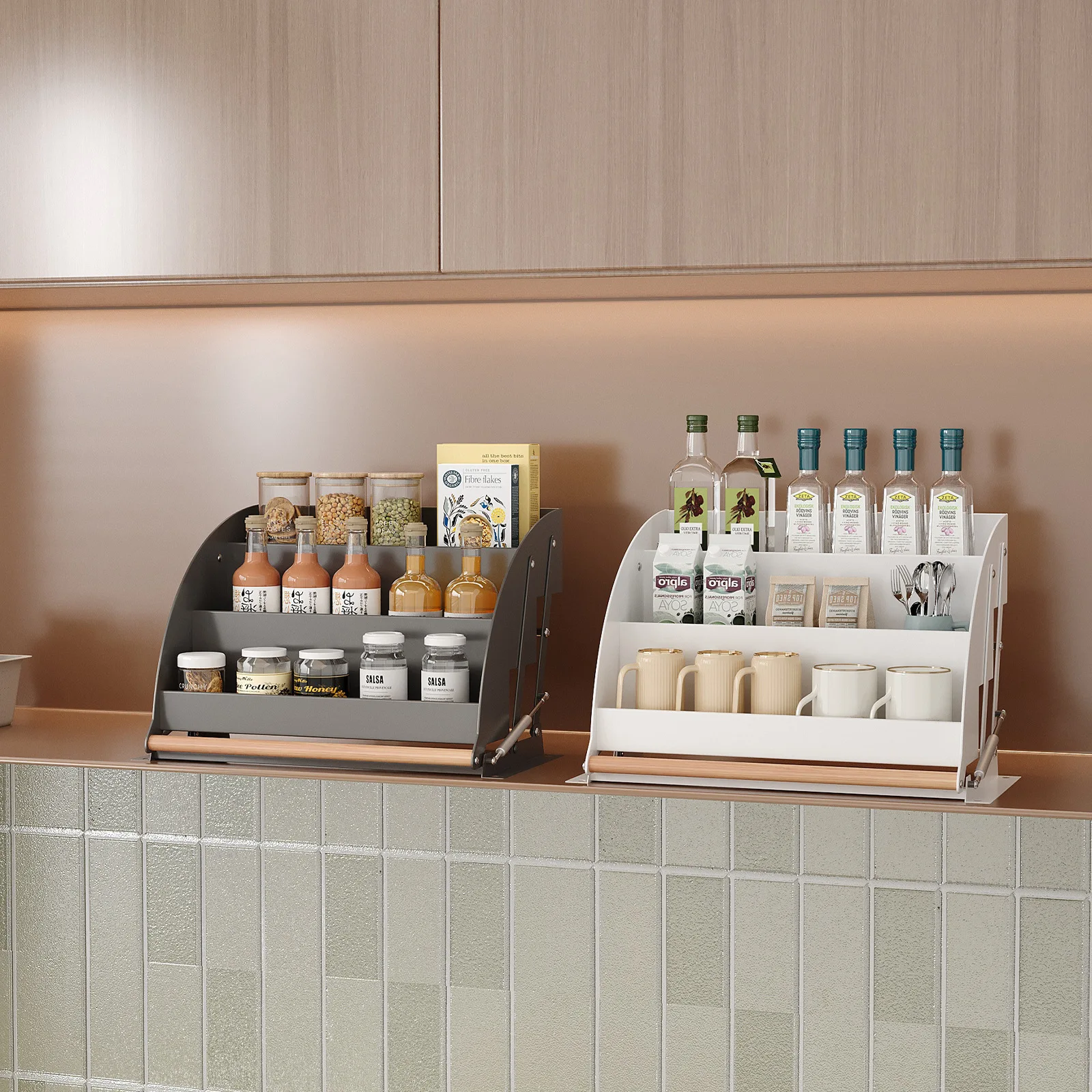 Cabinet lift basket kitchen hanging cabinet pull-down seasoning bottle household top cabinet up and down telescopic storage rack