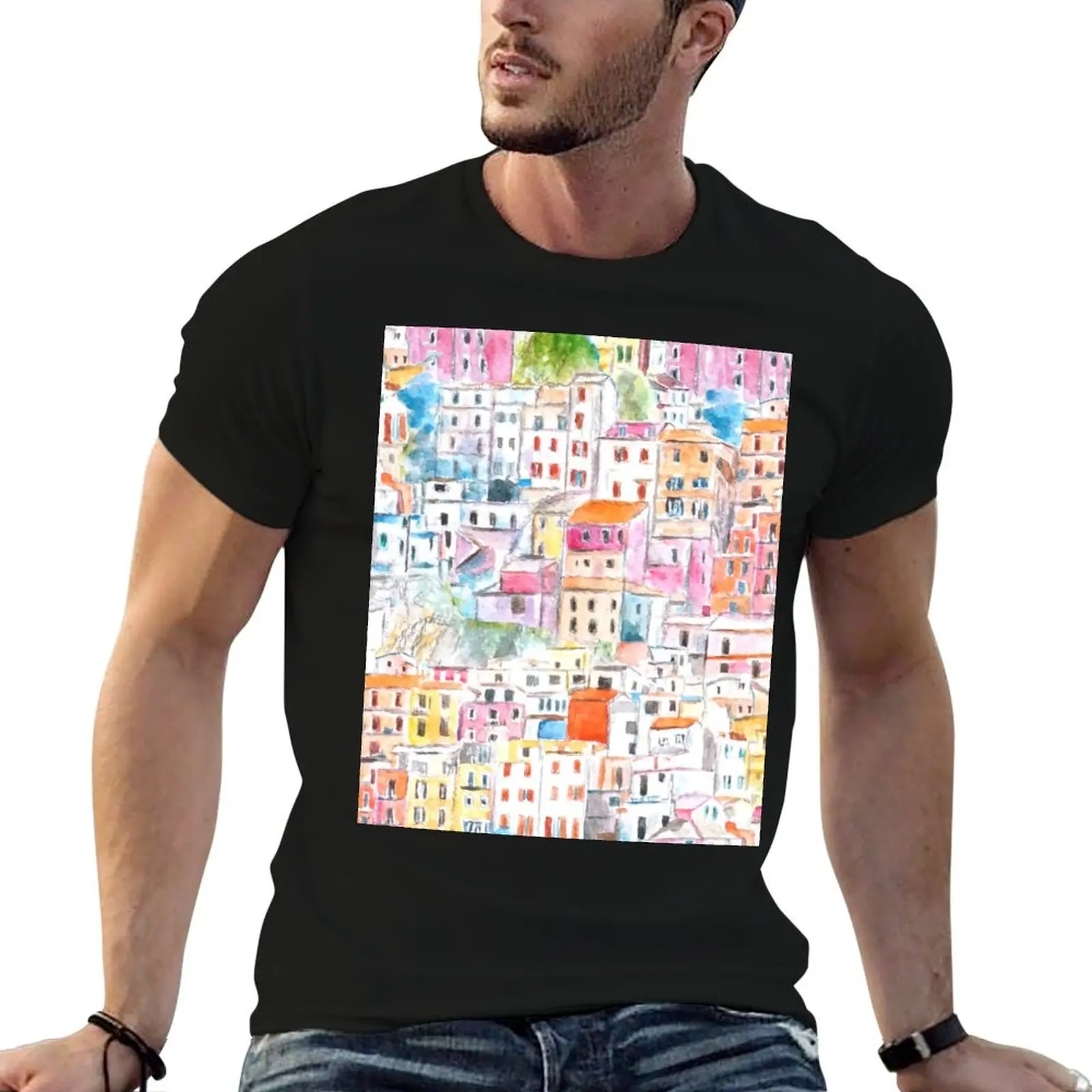 Italy Cinque Terre pattern watercolor painting Relaxed Fit T-Shirt vintage t shirts aesthetic clothes graphics mens t shirt