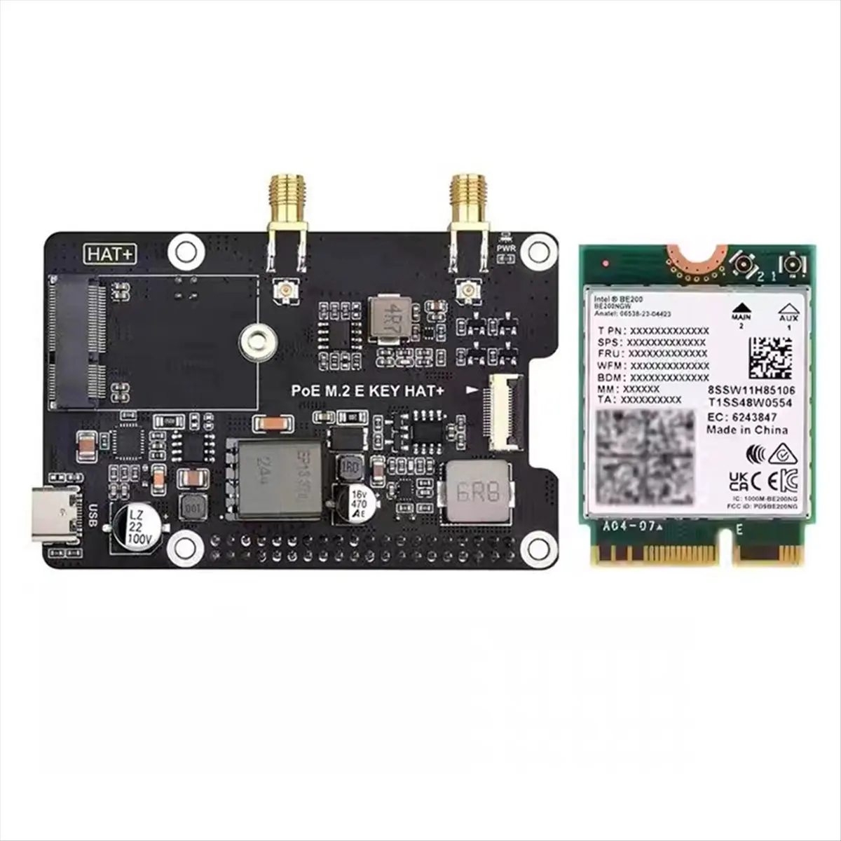 (A32M) For Raspberry Pi 5 PCIe to M.2 E KEY with PoE HAT+ Expansion Board BE200 Tri-Band Wireless Network Card for RPI 5