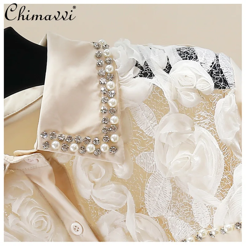 2025 Autumn Clothes New Korean Fashion Heavy Beaded Floral Patchwork Shirt Loose Elegant Long Sleeve Women's Blouse Tops