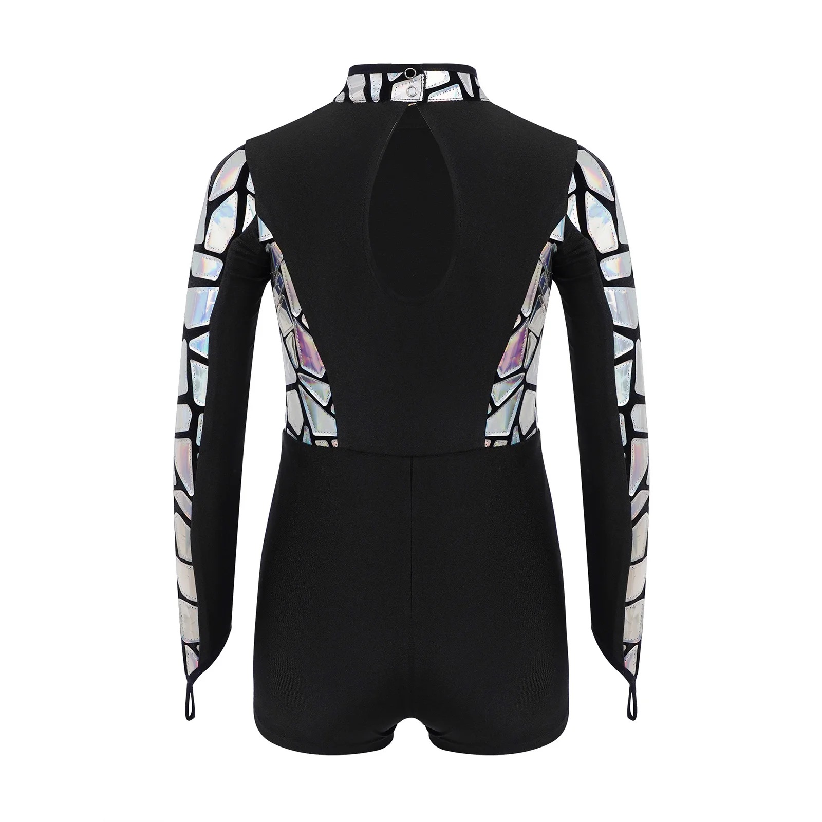 Girls Metallic Sequins Jazz Dance Jumpsuit Mock Neck Long Sleeve Keyhole Back Bodysuit for 80s Disco Performance Competition