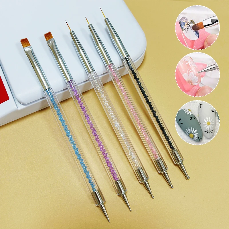 5 Pcs/Set Sequins Powder Drill Pen UV Gel Liner Polish Brush Double Ends Dotting Drawing Painting Crystal Nail Art Dotting Tools