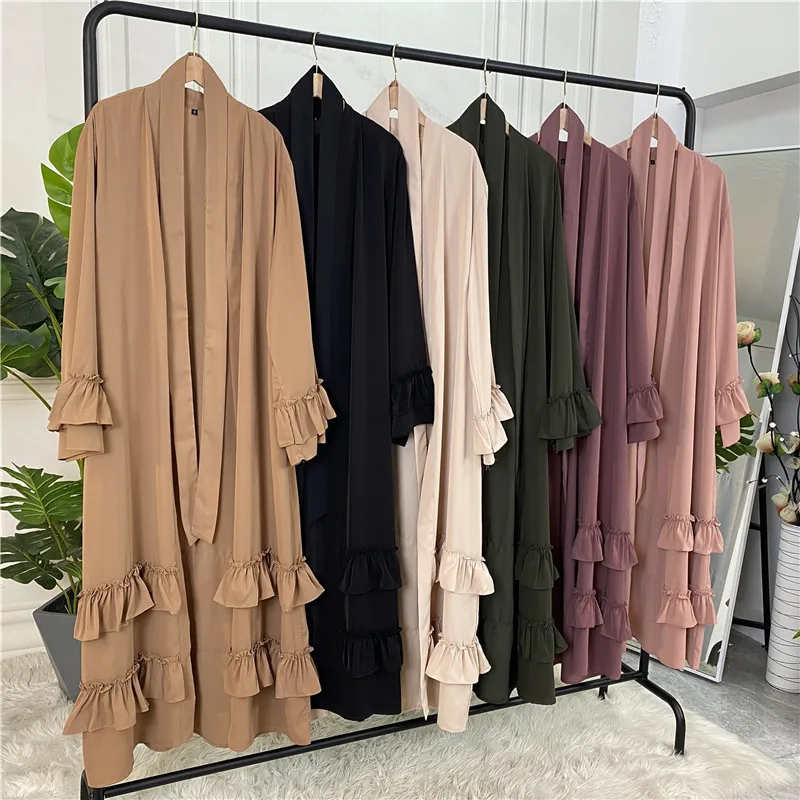 

Fashion Open Abaya for Women Muslim Kimono Long Dress Ruffles Dubai Turkey Arab Islam Kaftan Robe Belted Femme Jalabiya Clothing