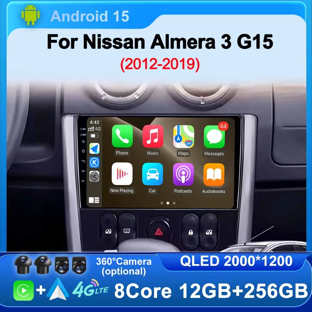

Wireless Carplay Android 15 for Nissan Almera 3 G15 2012-2019 Car Radio 2K Screen Navigation GPS Auto DTS Stereo BT DSP WIFI