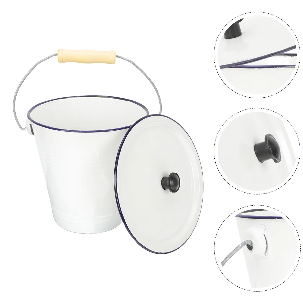 Enamel Bucket with Lid Laundry Room Organization and Storage Containers for Food Metal Milk Can Bacon White