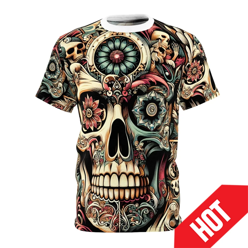 Vintage Mens T Shirt Novelty Sugar Skull 3D Graphic T Shirts Man Y2k Clothes Casual Short Sleeve Street Cool High Quality Tops