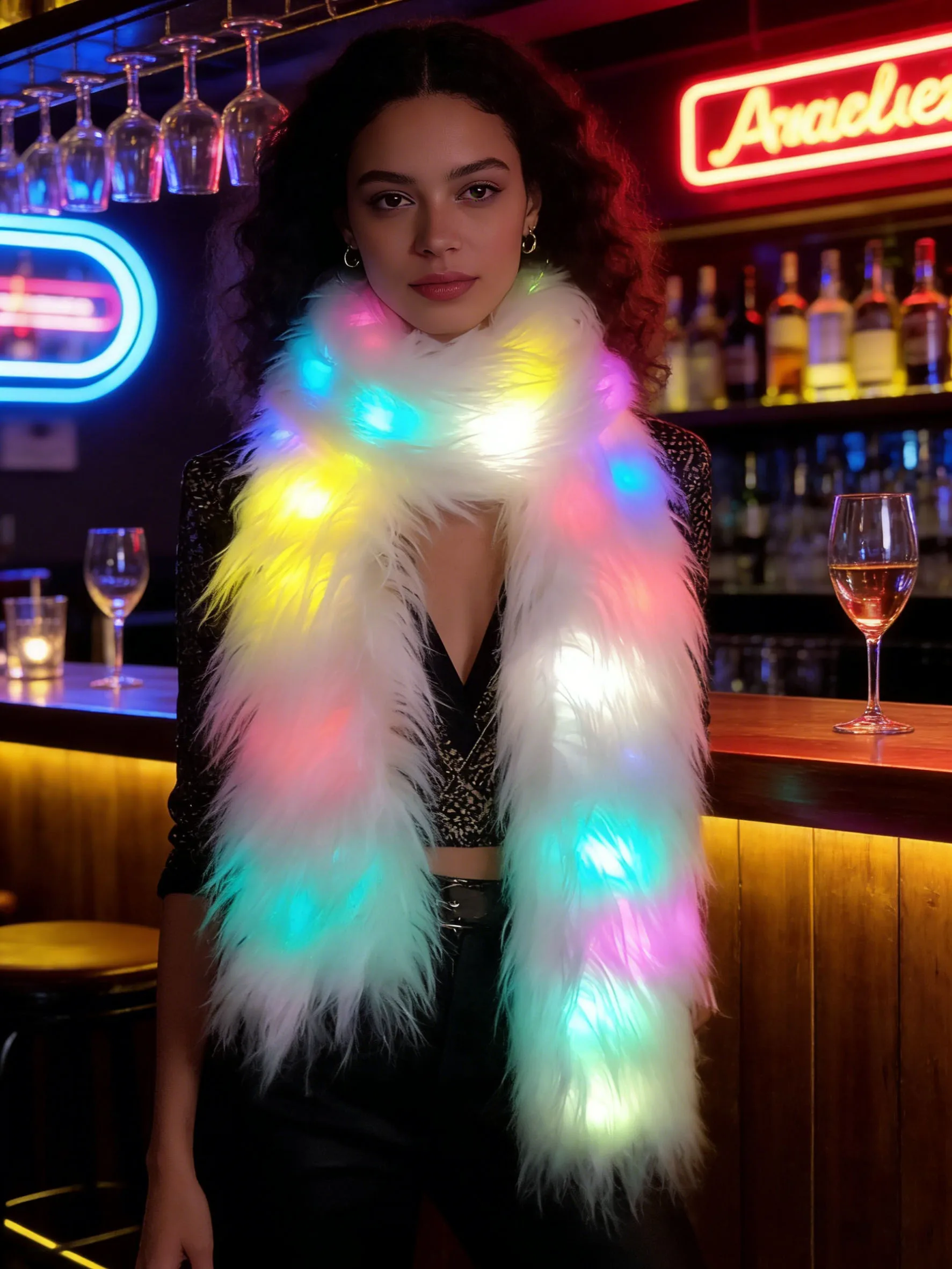 Women Fluffy Faux Fur Thicken Led Lights Cool Night Halloween Costume Scarf Autumn Winter Long Ponchos Scarf Faux Fur Wrap 5