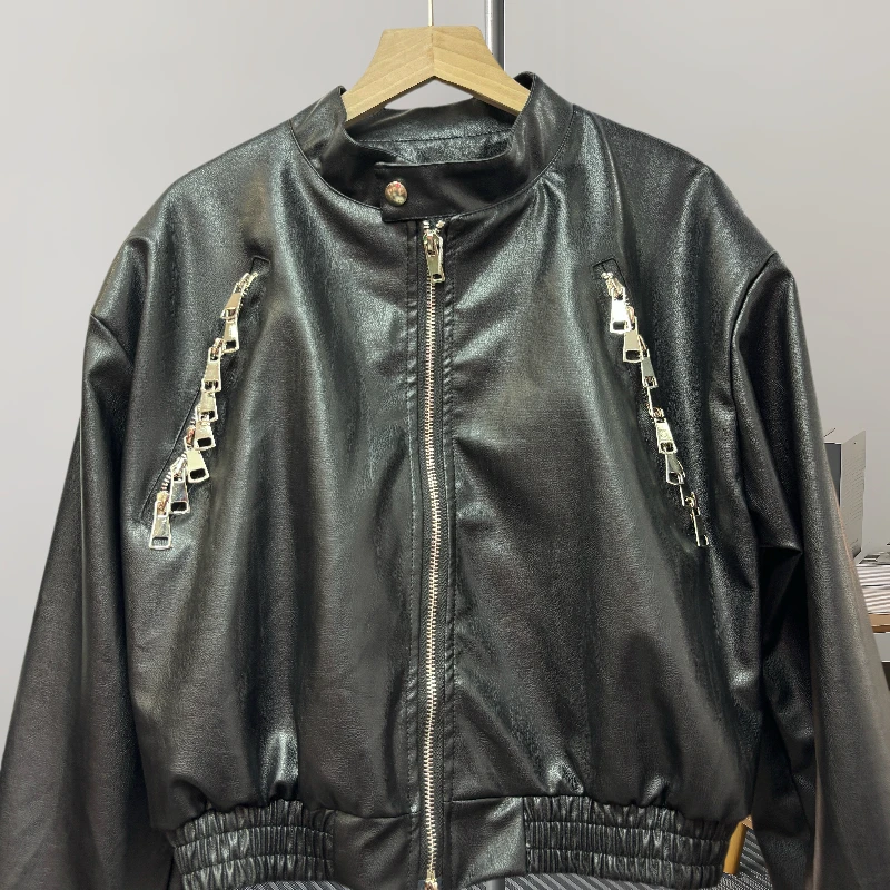 Jaqueta de motociclista de couro preto falso PU feminino, gola redonda vintage, decoração de zíper, feminina, curta, outono, novo, 2022