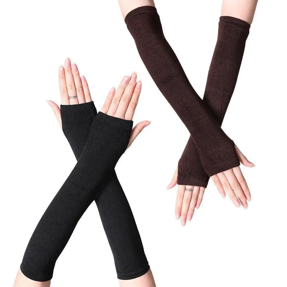 

Winter Warm Long Sleeves Gloves Fingerless Stripe Hip-Hop Knitted Elbow Mittens Elastic Outdoor Warmer Arm For Men Women