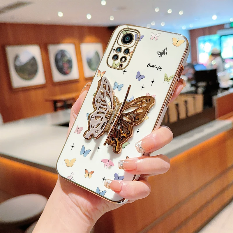 N ote 11 Little Butterfly Plating Holder Phone Case For Xiaomi Redmi Note 11S 11TPro 11EPro 10T 11Pro 11T 11SE 12R 12S 12 Cover