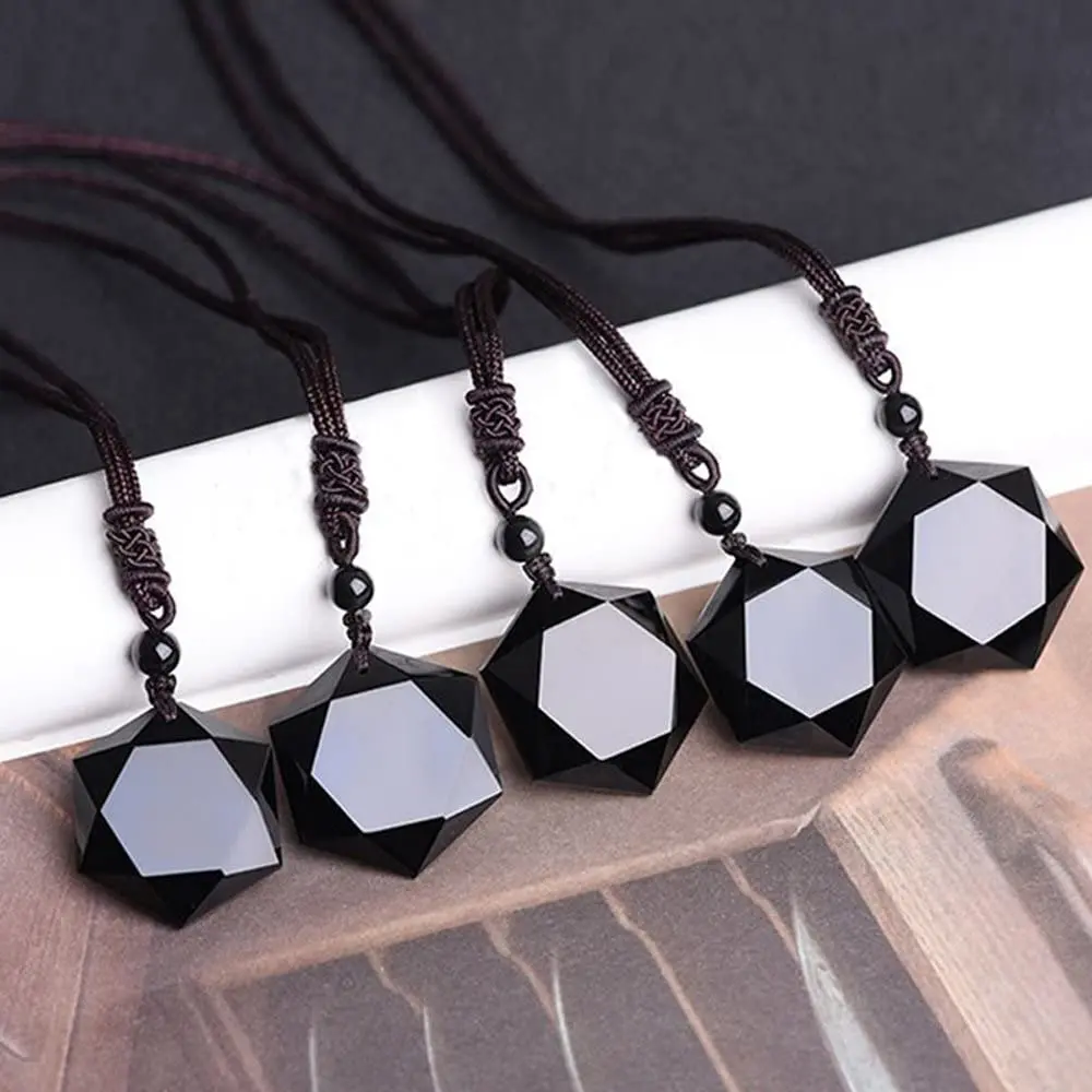 Natural Black Obsidian Hexagram Healing Crystal Pendant Amulet Protection Necklace Sweater Chain Women Men Charm Jewelry Gifts