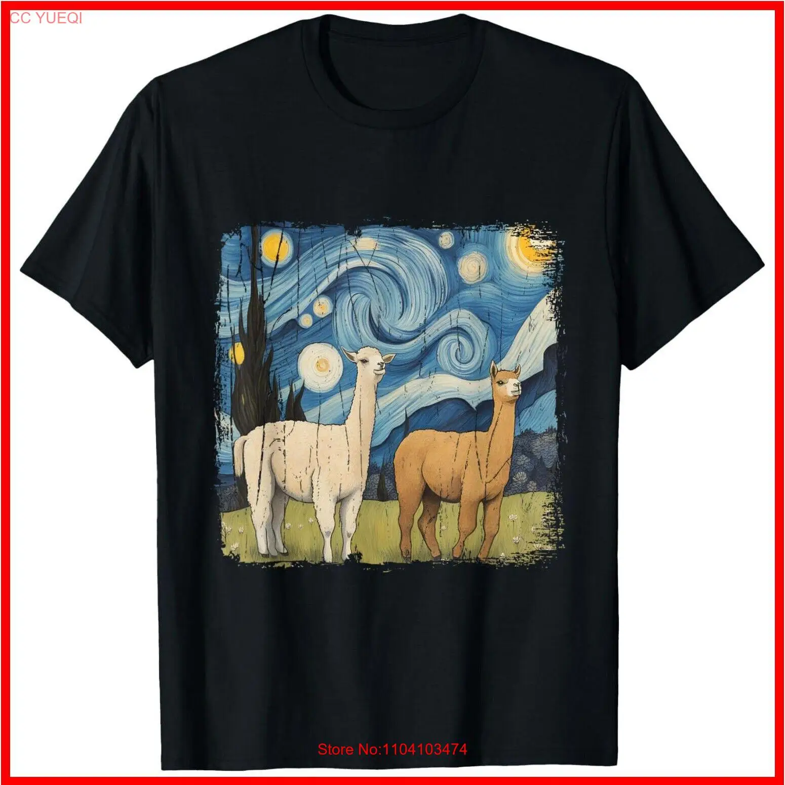 Cotopaxi Starry Night Artwork Llama National Park Souvenir Black Cotton T-Shirt