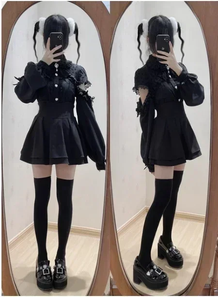 Japanese Mine Mass-Produced Sweet Shirt Girls Lace Bow Off-the-Shoulder Long Sleeve Shirt Autumn Women's Lolita Blouse Y2k Tops