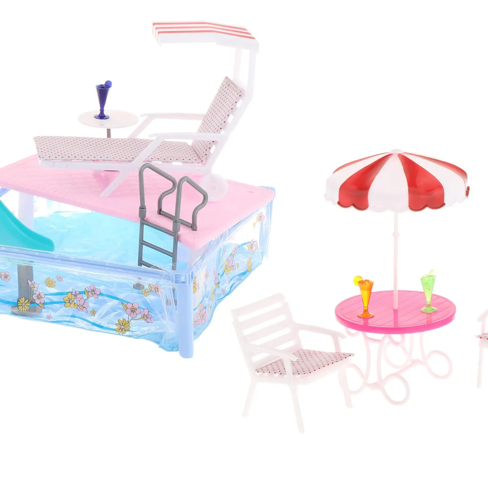 Doll Pool Set with Sunbath Chair, Beach Umbrella, Slide Photo Prop Kids Gifts Simulation Kids Toy for 11.81inch Dolls Kids Boys