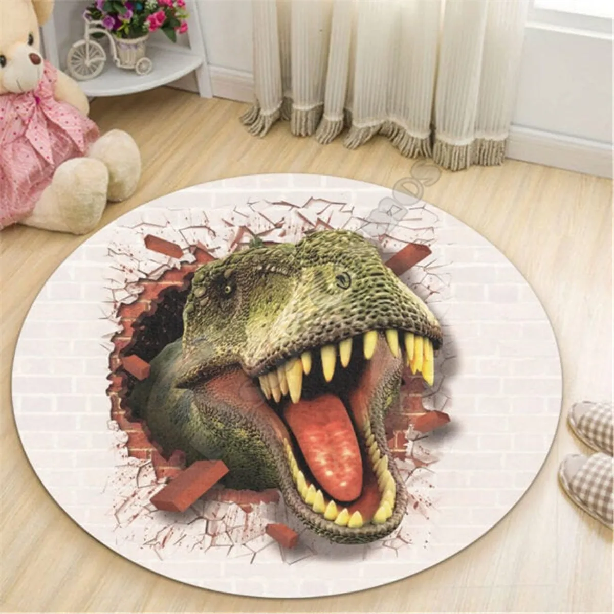 Alfombra redonda Premium con ilusión de dinosaurio, alfombra 3D, alfombra antideslizante para comedor, sala de estar, alfombra suave para dormitorio 01