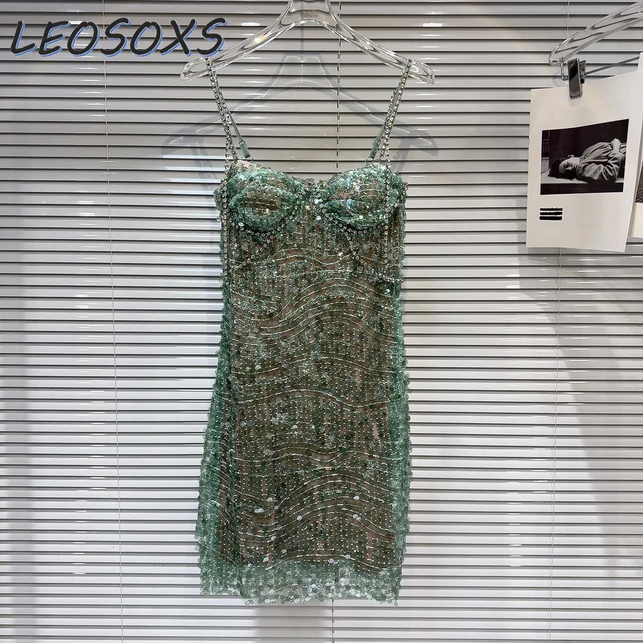 

2024 Summer New Hot Girl Socialite Heavy Industry Rhinestone Chain Green Sequin Strap Dress Female Sexy Nightclub Party Dress