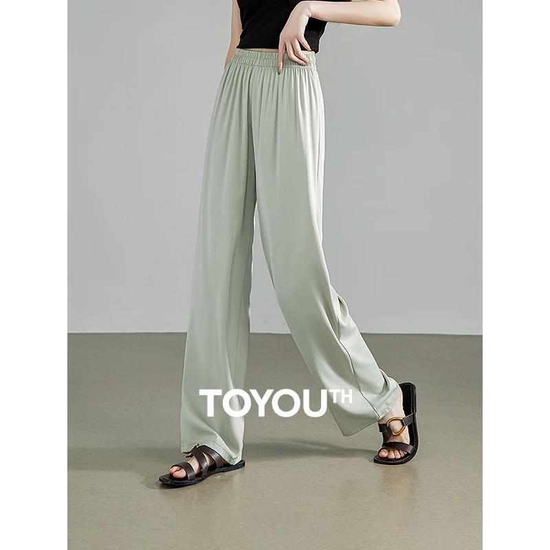

TOYOUTH Women Casual Pants 2024 Summer New Wide Leg Slim Fitting Solid Color Elastic Waist Straight Wide leg Floor Long Pants