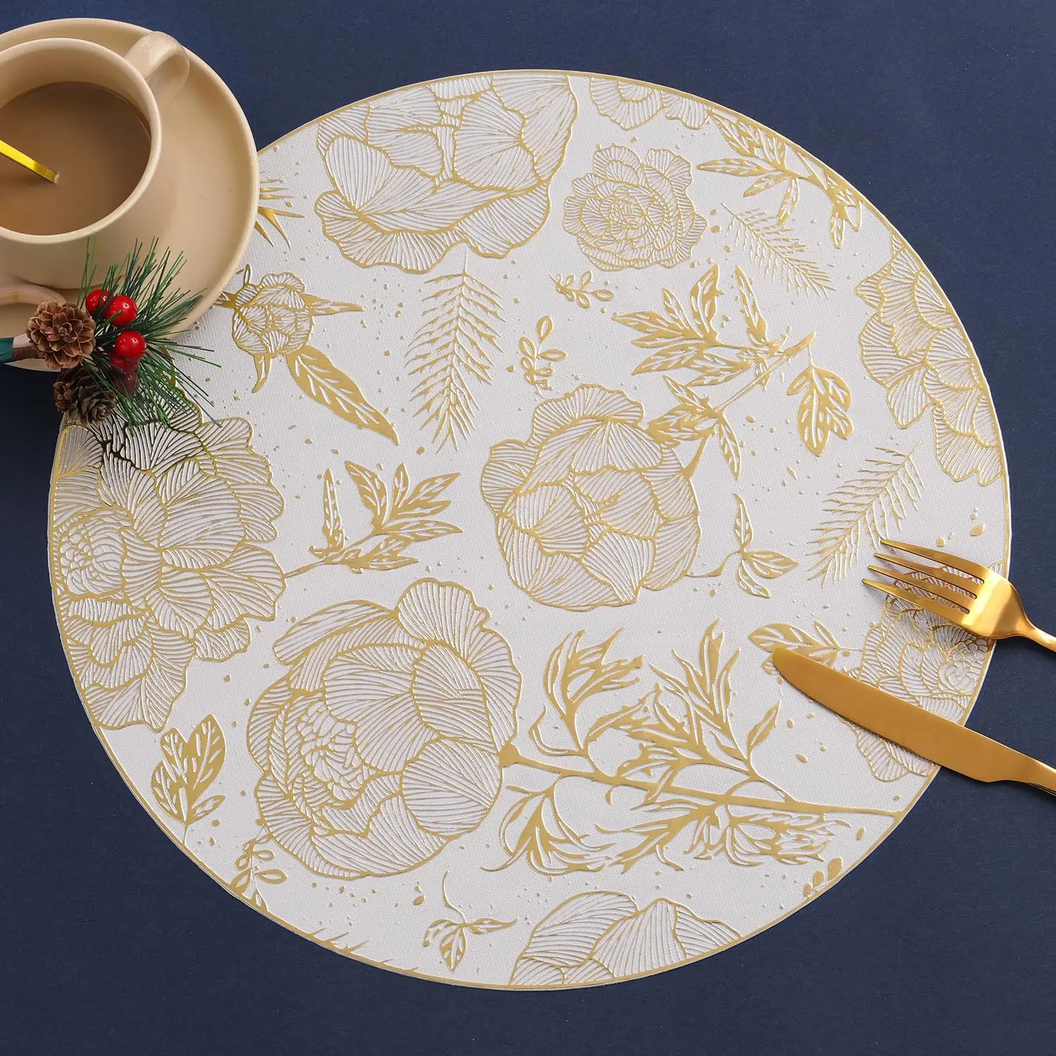 

Elegant Floral Round Placemats, Vinyl Placemats, Durable Table Mats, Reusable Placemats, Dining Table, Set of 6