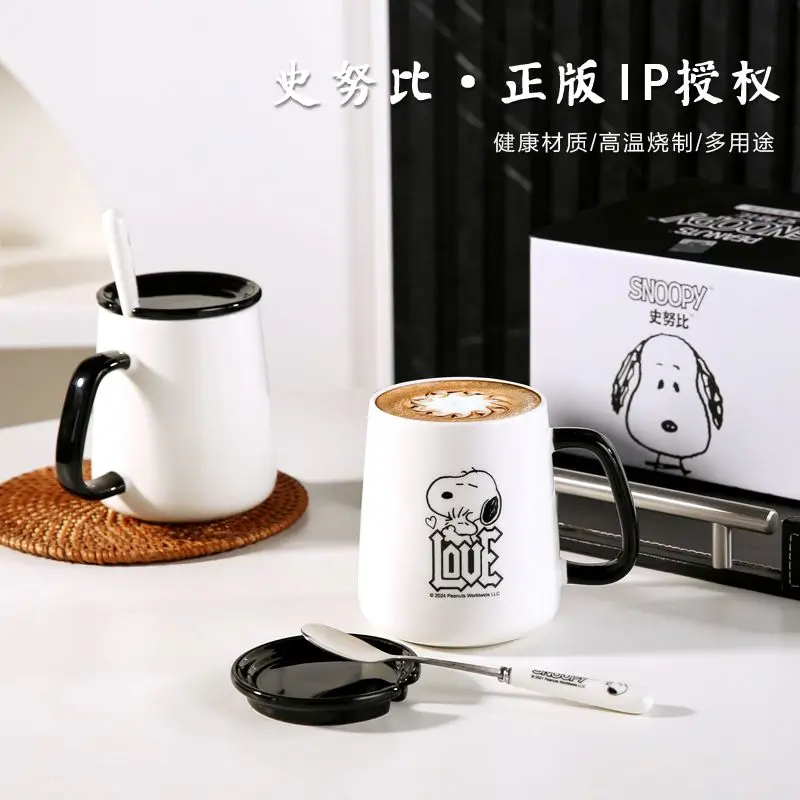 Snoopy animation peripheral cartoon ceramic mug simple water cup with lid spoon high-looking couple home coffee milk cup gift