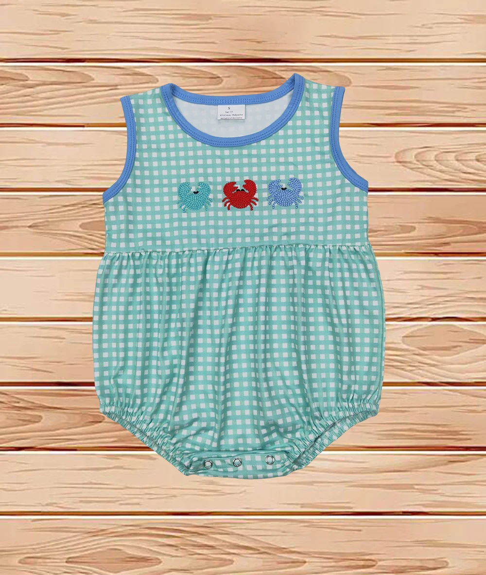 

3.31 Wholesale western boutique onesies Newborn toddler Baby Infant Boys Green Checkered Crabs Rompers