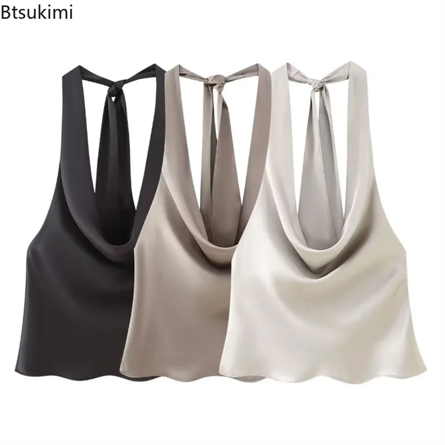 

New Women's Summer Fashion Solid Backless Lace Up Pleated Side Zipper Tops Vintage Halter Neck Sleeveless Female Chic Lady Tops