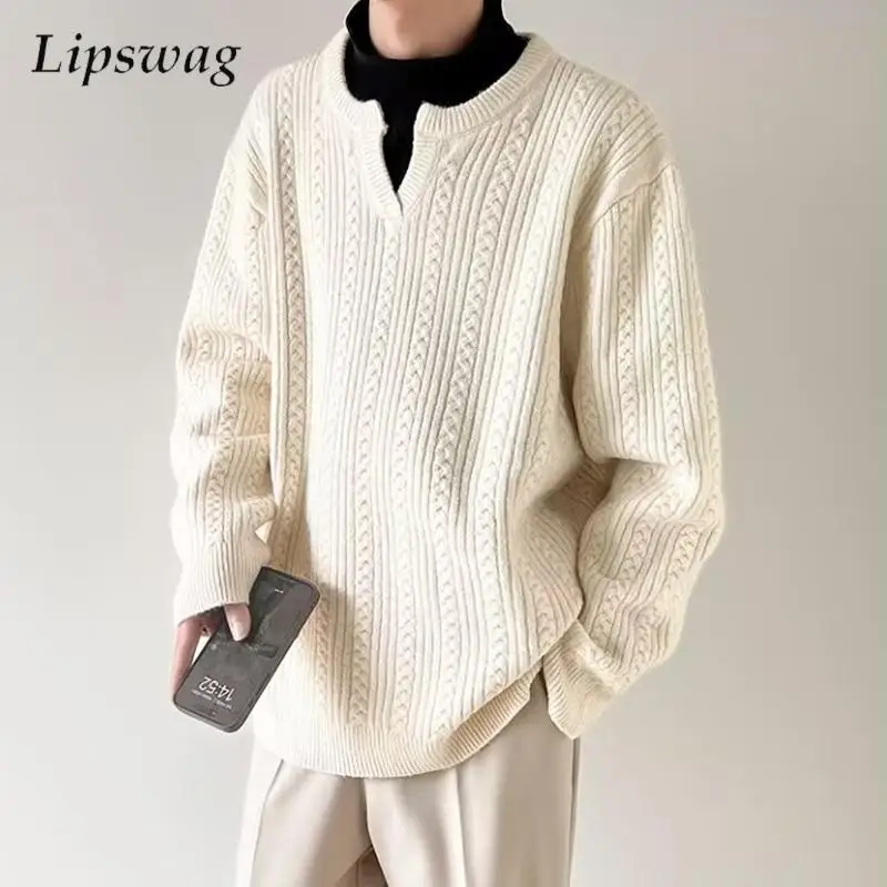 

Autumn Casual V Neck Sweaters Men Fashion Solid Color Long Sleeve Knit Jumper Tops Men's Trendy Textured Crochet Knitted Sweater