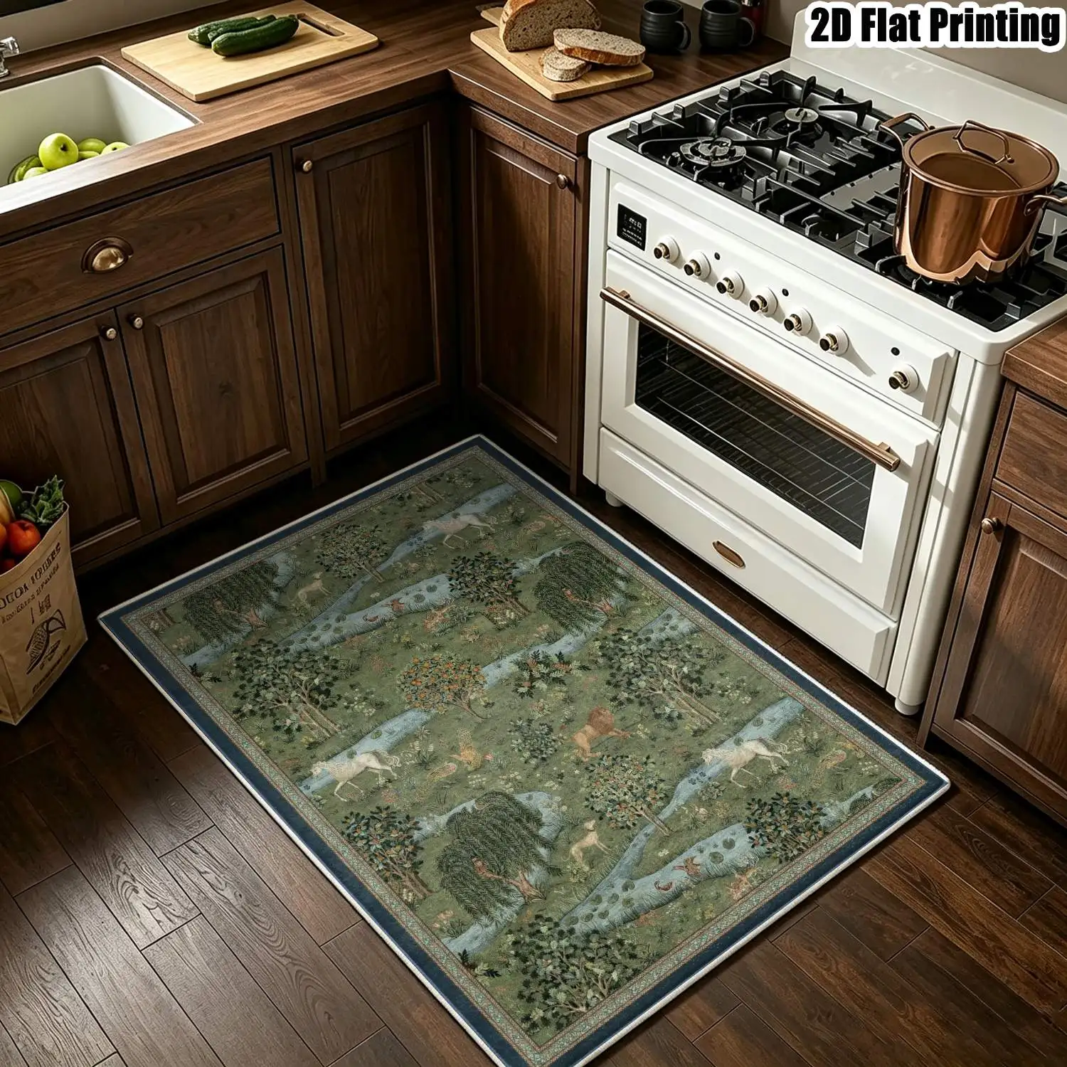 1Pc 2D Printed Velvet Carpet, Green Forest Animal Pattern European Vintage, Instagram/Nordic Style, Home Decor Floor Mat, Multi-Size, Machine Washable, for Living Room, Bedroom, Dining Room, Entrance, Study.