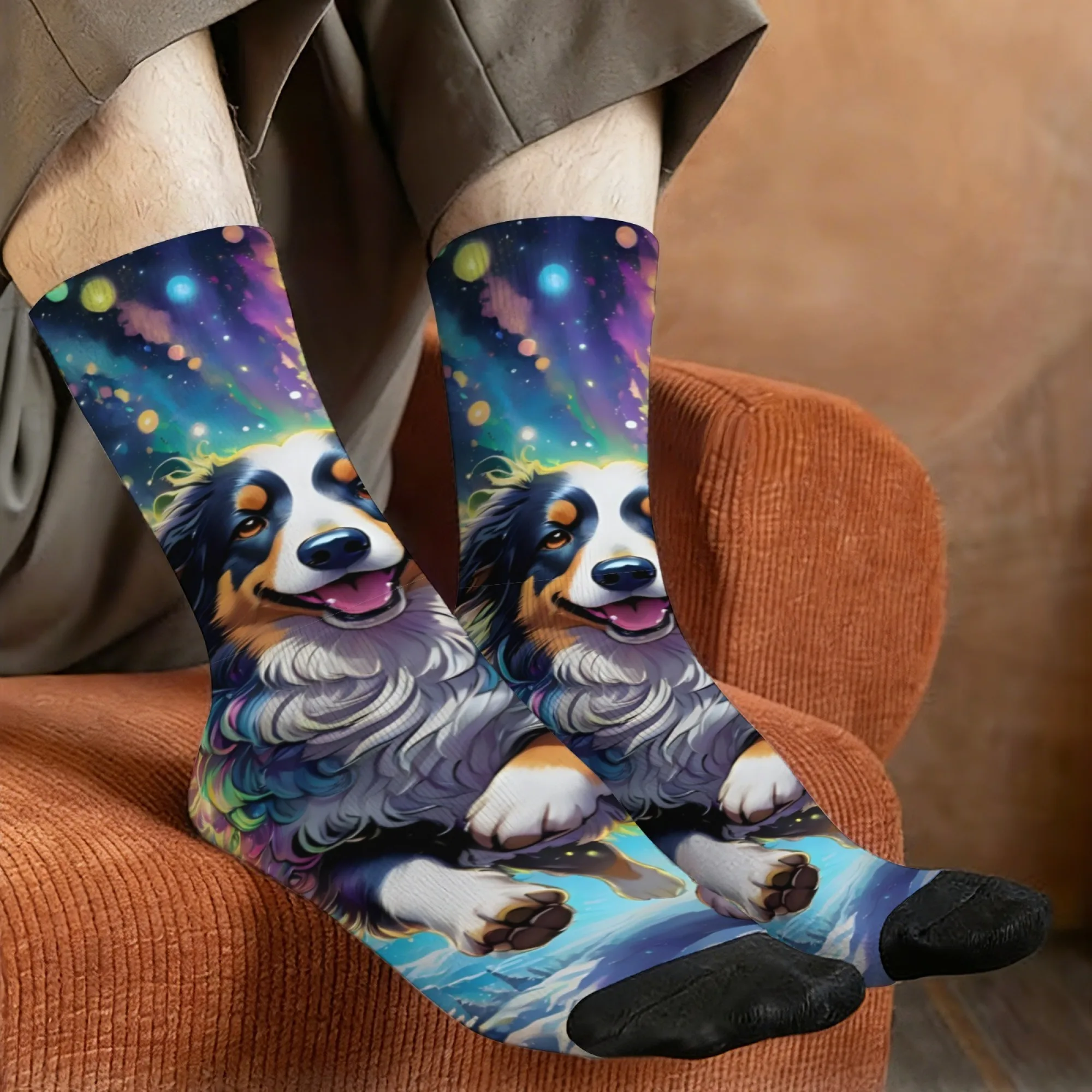 

Harajuku Retro Dreamy Space Australian Shepherd Print Men's Socks Novel Street Trend Casual Socks Crazy Party Holiday Gift