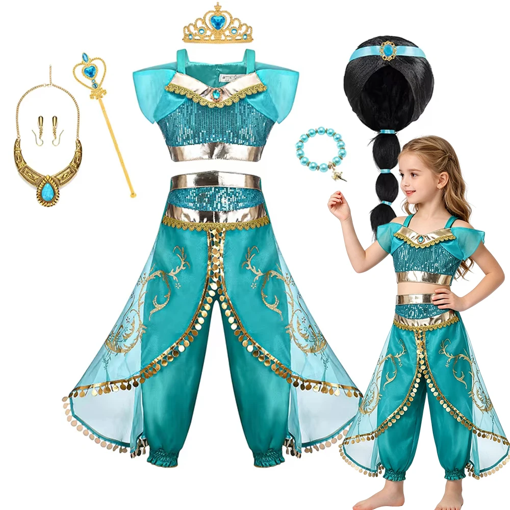 Jasmine Princess Dress for Girls Cosplay Aladdin Magic Lamp Costume Kids Halloween Birthday Carnival Party Vestidos 2-10T Outfit