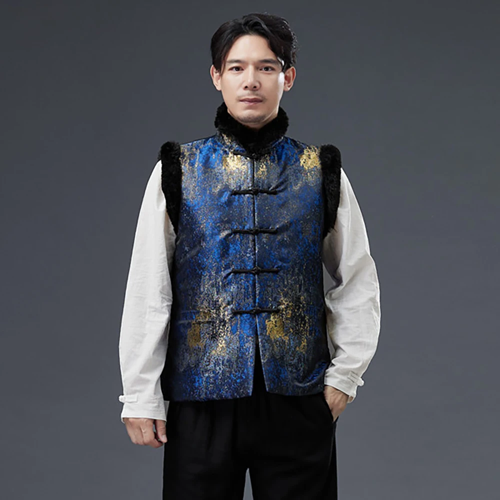 

LZJN Мужской винтажный жилет с шерстяным воротником в китайском стиле с позолоченным жаккардом и пуговицами-лягушкой ручной работы, зимняя коллекция