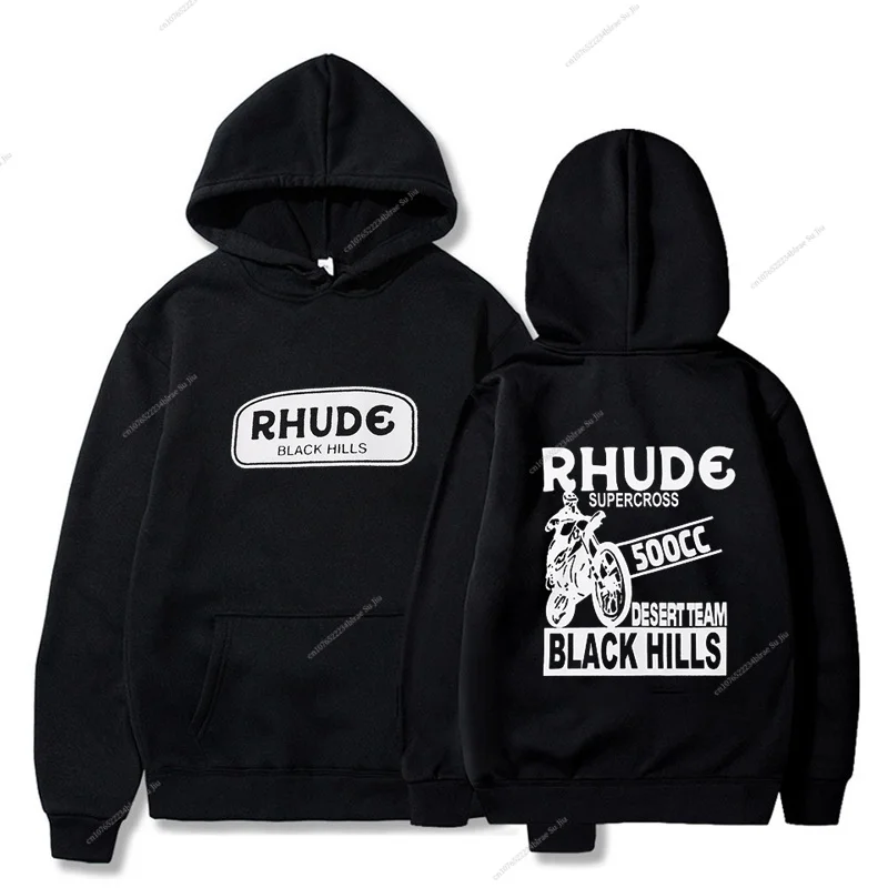 Official Trendy Brand Unisex Rhude Supercross Black Hills High Gram Weight Pure Cotton Terry Hoodie Sweater Women Fast Delivery