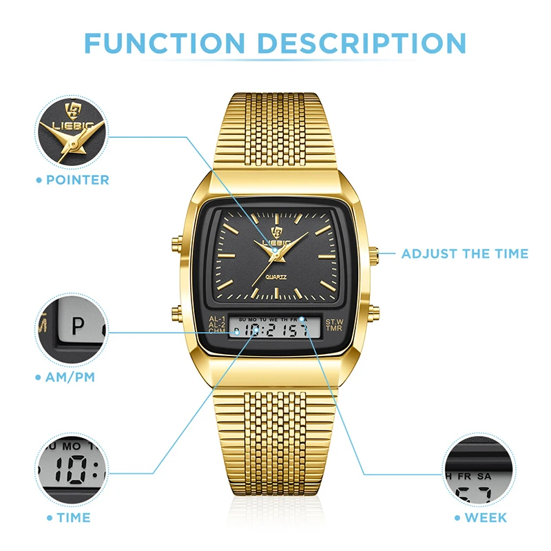 2023 uhr Für Männer Digitale Doppel Display Casual Mode Edelstahl Gold 30 M Wasserdicht Quarz Armbanduhren Uhr relogio