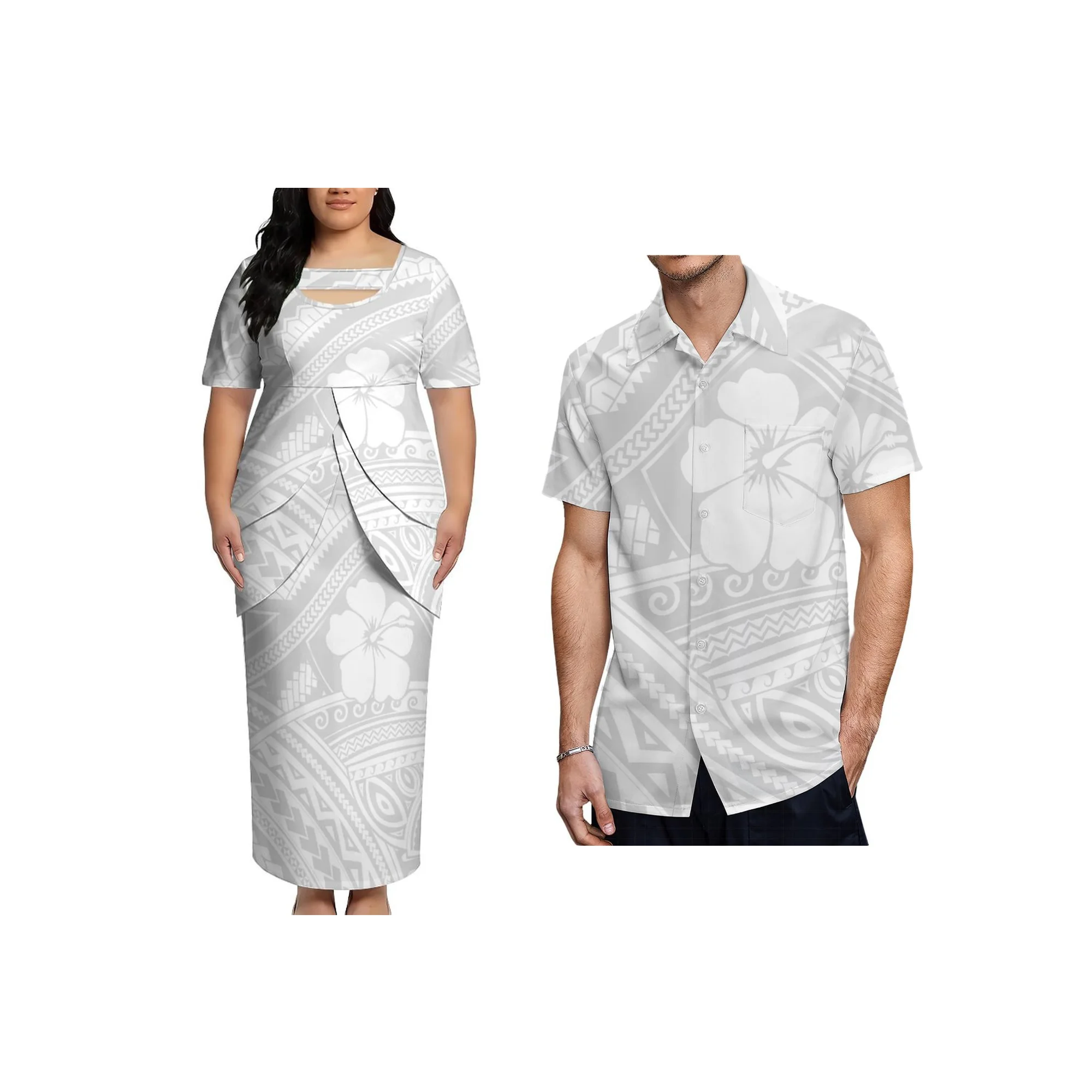 

Lady Customized Polynesian Samoa Set Tribal Print Dress Two Piece Hollow Out Neck White Sunday Maxi Dress