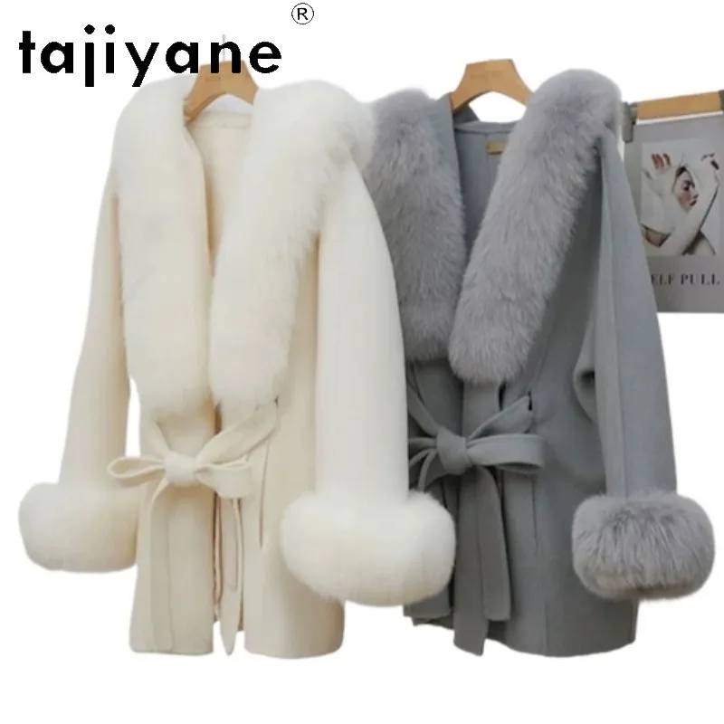TAJIYANE Double Sided Woolen Coat Women Mid-length Outerwear Hooded Jackets for Woman Winter Cape Overcoat Fox Fur Collar Пальто