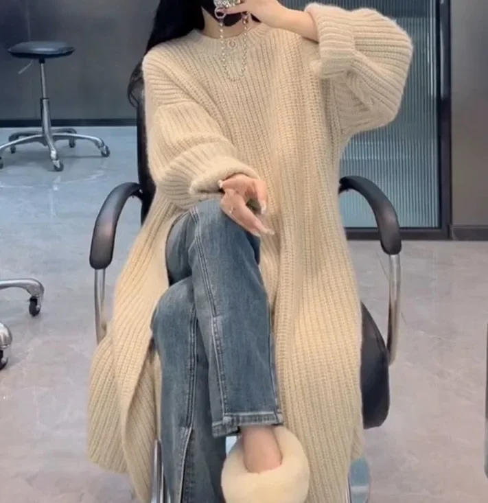 الكورية كسول نمط محبوك فستان المرأة أوائل الخريف جديد فضفاض فوق الركبة منتصف طول سترة فستان جولة الرقبة كم كامل #1