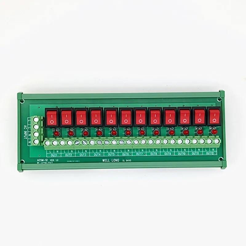 DIN Rail Mount 12 Channel Red Rocker Switch AC 125V 250V Power Distribution Strip Module