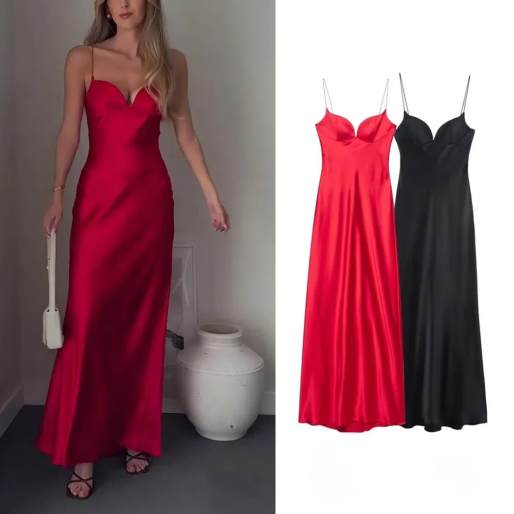KONDALA Sexy Chic Red Satin Women Dress V Neck Cami Long Party Dress Women Fashion 2025 Summer Holiday Beach Y2K Girl Dress