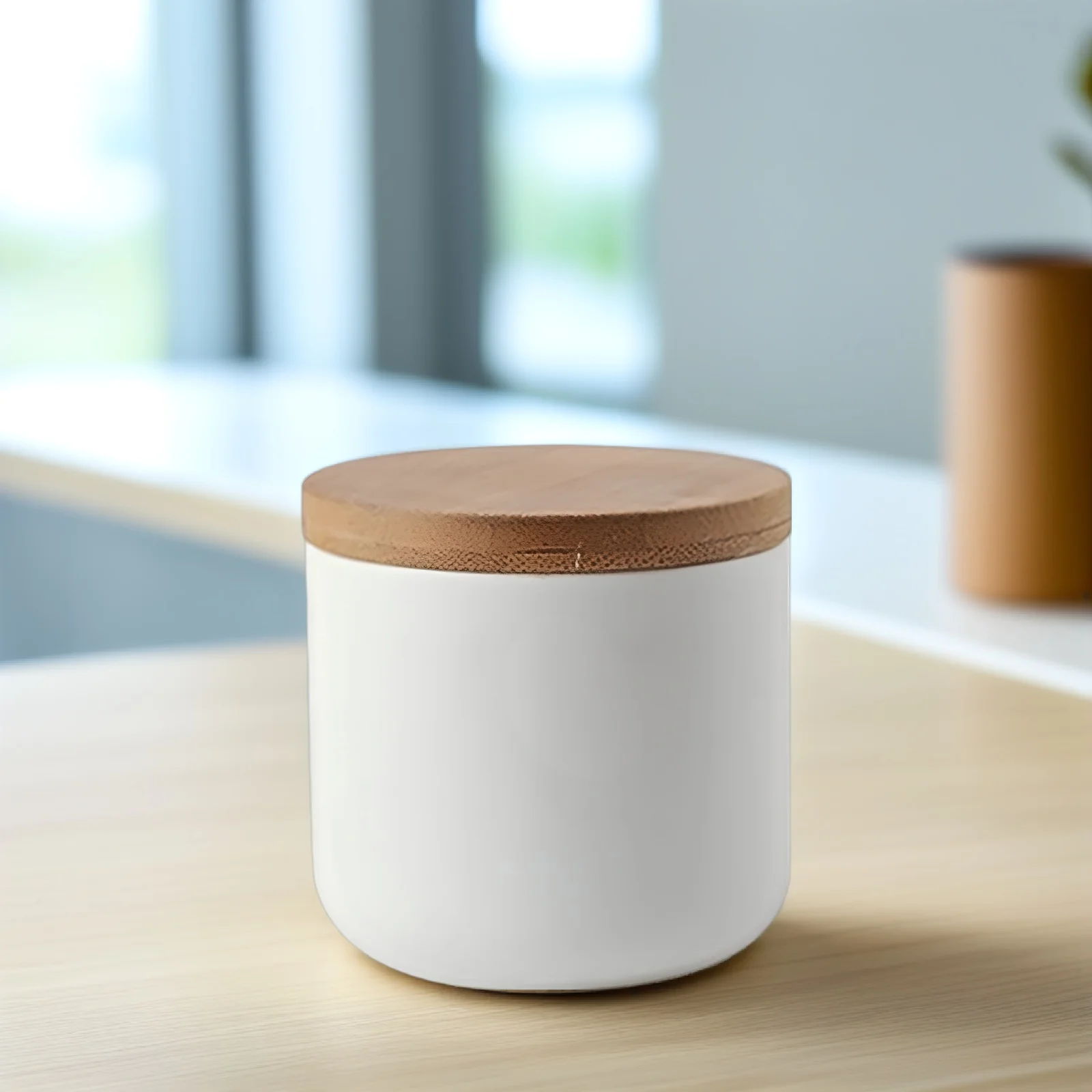 

Airtight Ceramic Jar Sealed Canister Food Storage Container Wood Lid Silicone Seal For Tea Coffee Sugar Spice 300Ml White